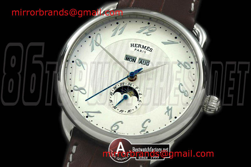 Hermes Gents Arceau Calendar SS/Leather White Asian 2813 21J