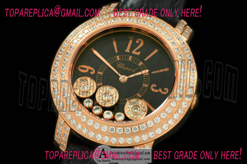 Chopard Happy Sports Ladies Rose Gold Leather Black Swiss Quartz Replica Watches
