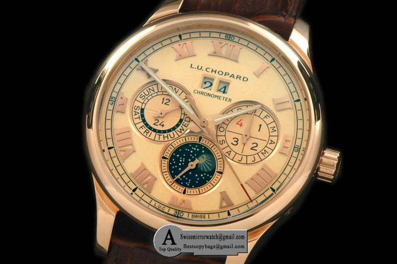 Chopard LUC Big Date Chronograph Rose Gold Leather Rose Gold Asia 2813 Replica Watches