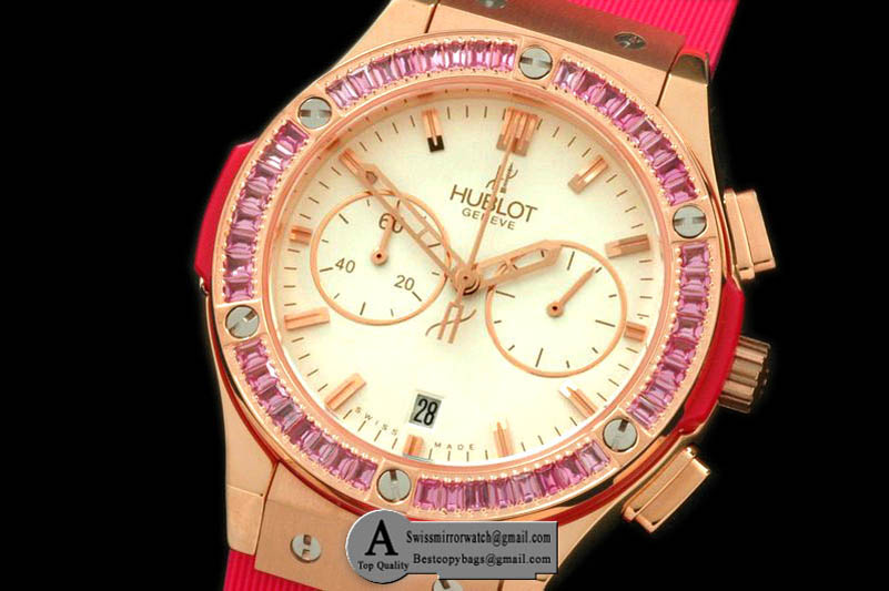 Hublot Ladies Classic Fusion Chrono Rose Gold Rubber White Pink Jap Qtz Replica Watches