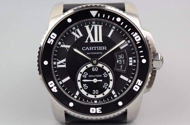 Calibre de Cartier Diver TF 1:1 Best Edition SS Black Dial on Black Rubber Strap MIYOTA Movement