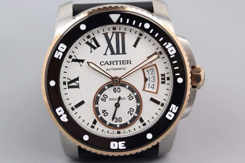 Calibre de Cartier Diver TF 1:1 Best Edition SS/RG White Dial on Black Rubber Strap MIYOTA Movement