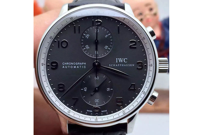 IWC Portuguese 371417 40mm Chrono SS Gray Dial on Black Leather Strap A89000