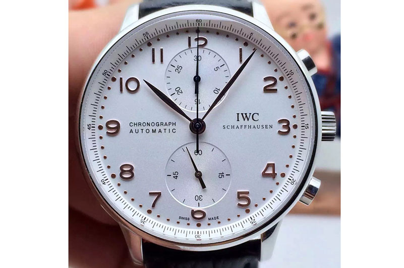 IWC 371417 Portuguese 40mm Chrono SS White Dial RG Hands on Black Leather Strap A89000