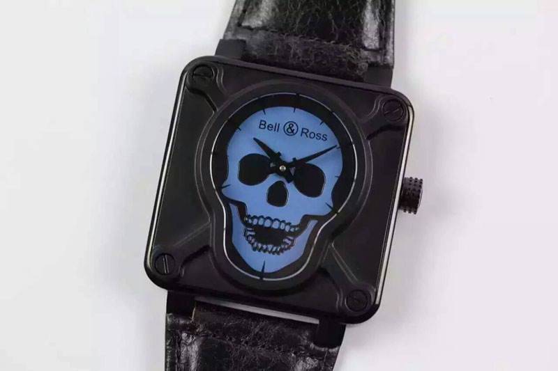 Bell&Ross BR 01 Skull PVD Blue Dial on Black Leather Strap MIYOTA 9015 (Free Rubber Strap)