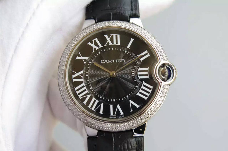 Cartier Ballon Bleu 40mm SS Diamond Bezel Black Texture Dial on Black Leather Strap MIYOTA9015