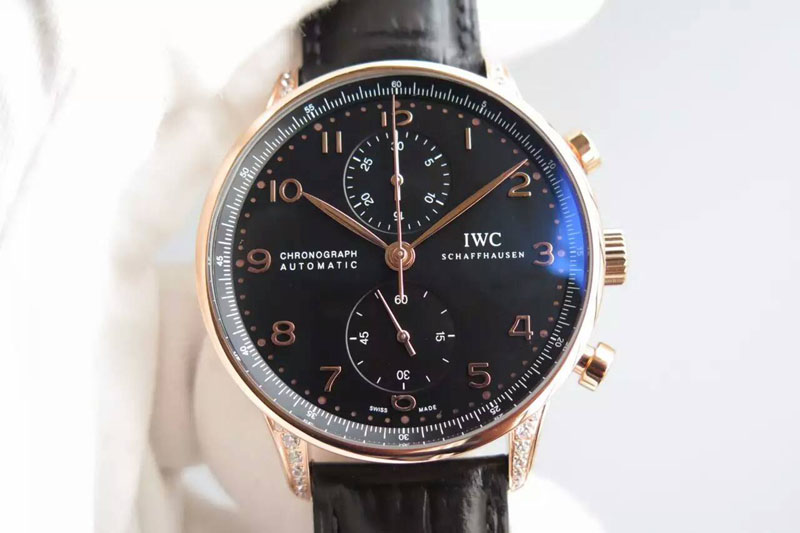 IWC Portuguese Chrono RG Diamonds Case Black Dial on Black Leather Strap A7750