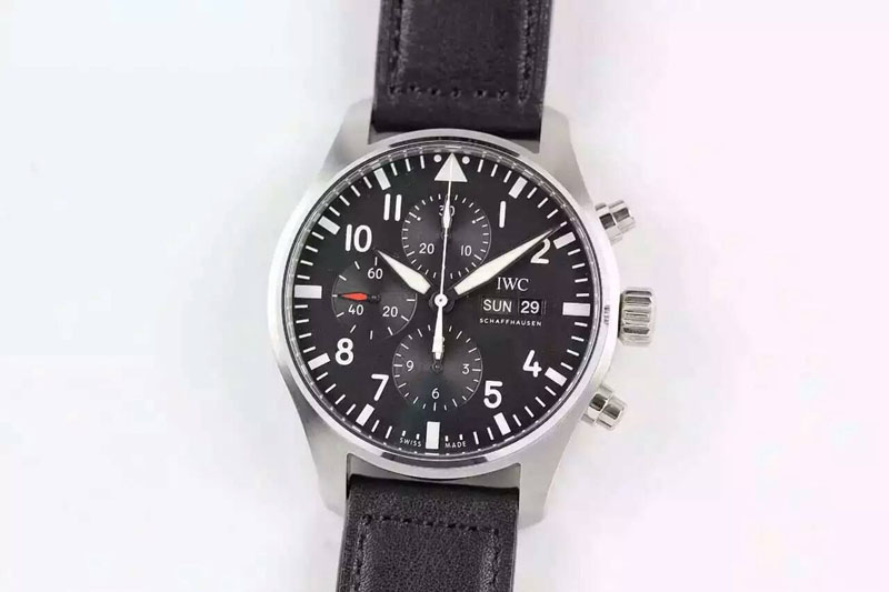 IWC Pilot Chrono SS IW377709 ZF Best Edition Black Dial on Black Leather Strap A7750