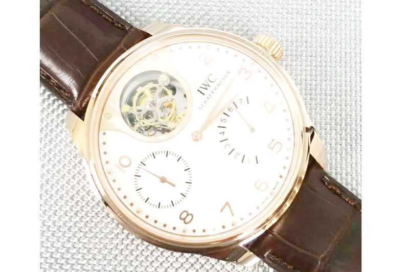 IWC Portuguese Tourbillon Mystere 18K Rose Gold Wrapped White Dial Power Reserve Brown Croco Leather