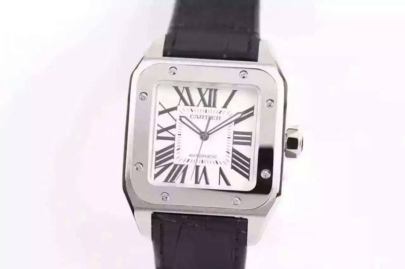 Cartier Santos 100 33mm V6F Best Edition Ladies SS White Dial on Black Leather Strap SEIKO NH05A