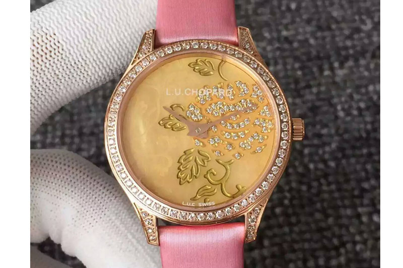L.U.C Urushi Ladies RG Full Paved Diamonds Case Pink Dial on Gold Fabric Strap Micro-Rotor Movement