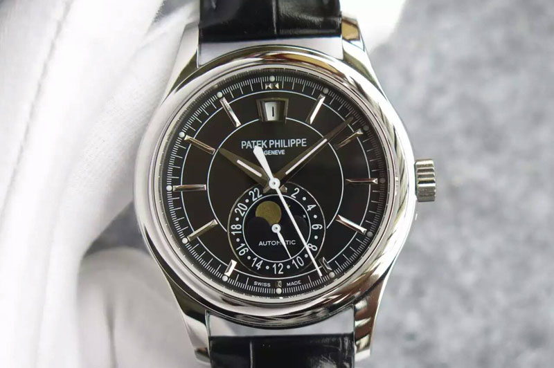Patek Philippe Classic 5205 Moonphase SS Black Dial on Black Leather Strap Miyota 9015