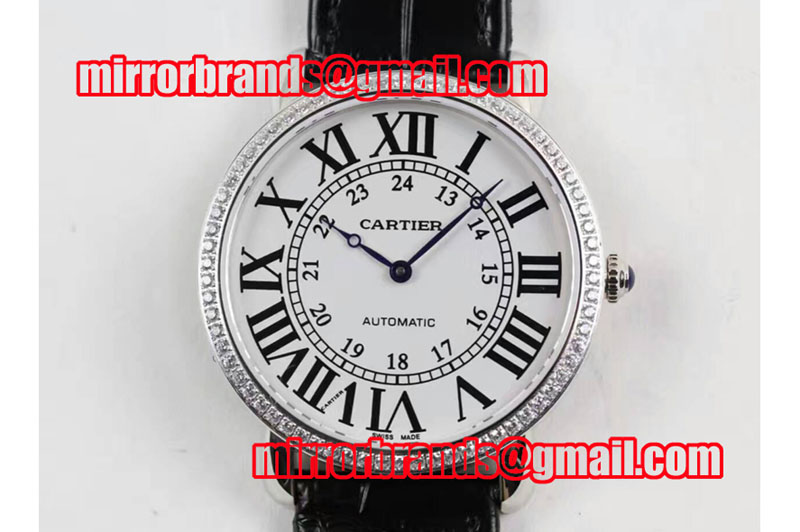 Ronde Louis Cartier SS/LE White Dial Diamond Bezel Auto Watches