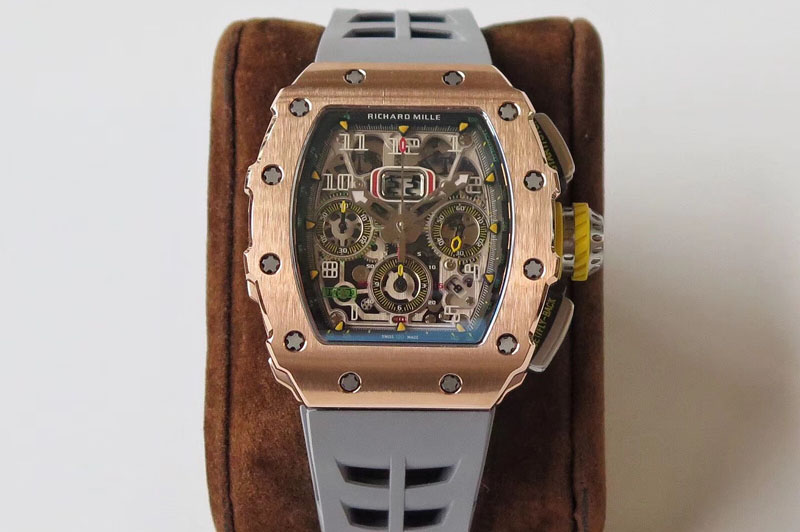 Richard Mille RM011 RG Chronograph SS Case KVF 1:1 Best Edition Crystal Skeleton Dial on Gray Rubber Strap A7750