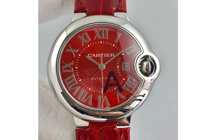 Cartier Ballon Bleu 33mm SS 1:1 Best Edition Pink Textured Dial Red Leather Strap Quartz