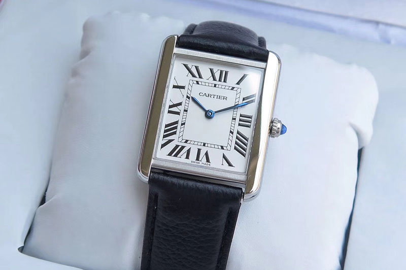 Cartier Tank Solo Ladies 28mm SS ZF 1:1 Best Edition White Dial on Black Leather Strap Ronda Quartz