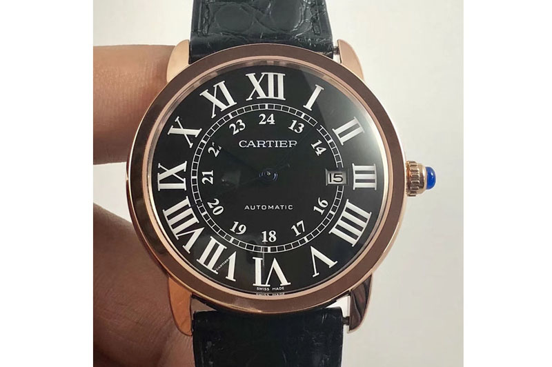 Ronde Solo de Cartier 42mm ZF 1:1 Best Edition RG Black Dial on Black Leather Strap MIYOTA 9015