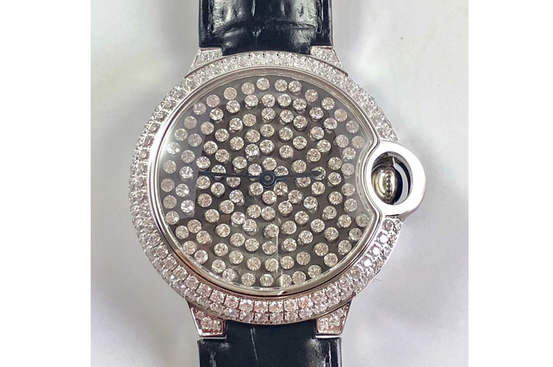 Ballon Bleu de Cartier Serti Vibrant Jewellery Watches 36mm SS/LE Full Diamond Blue Leather Strap M9015
