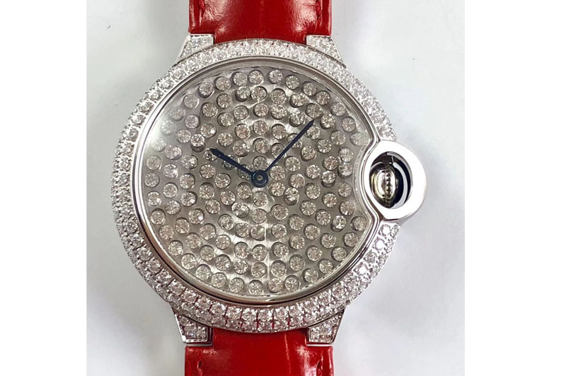 Ballon Bleu de Cartier Serti Vibrant Jewellery Watches 36mm SS/LE Full Diamond Red Leather Strap M9015