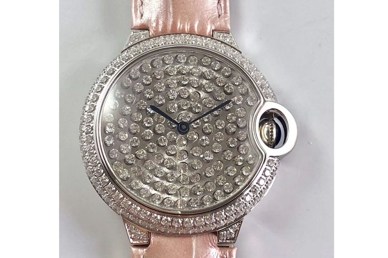 Ballon Bleu de Cartier Serti Vibrant Jewellery Watches 36mm SS/LE Full Diamond Pink Leather Strap M9015