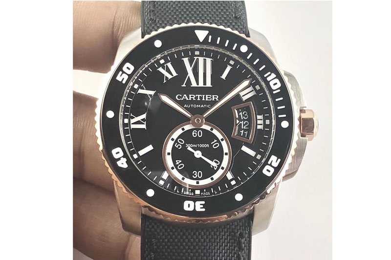 Calibre de Cartier Diver TF 1:1 Best Edition SS Black Dial on Nylon Strap 23J Movement