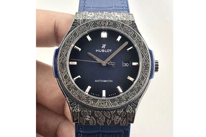 Hublot Classic Fusion 45mm SS Engravings Case SRF Best Edition Blue dial On Blue Gummy Strap A2892(Free box)