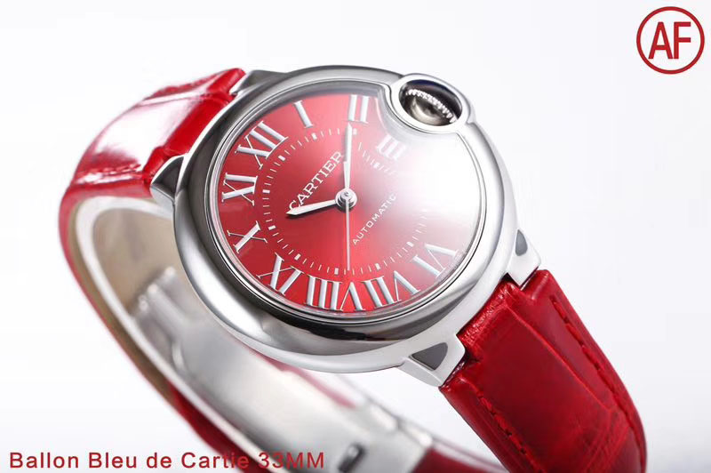 Cartier Ballon Bleu 33mm SS AF 1:1 Best Edition Red Textured Dial on Red Croco Leather Strap Cal.076