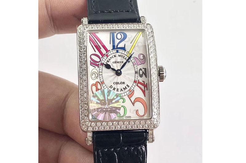 Franck Muller Long Island 952QZ SS GF 1:1 Best Edition White color numeral markers Crystal Bezel on Black Leather Strap Swiss Qu