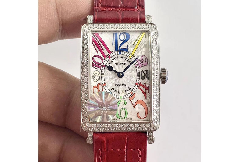 Franck Muller Long Island 952QZ SS GF 1:1 Best Edition White color numeral markers Crystal Bezel on Red Leather Strap Swiss Quar