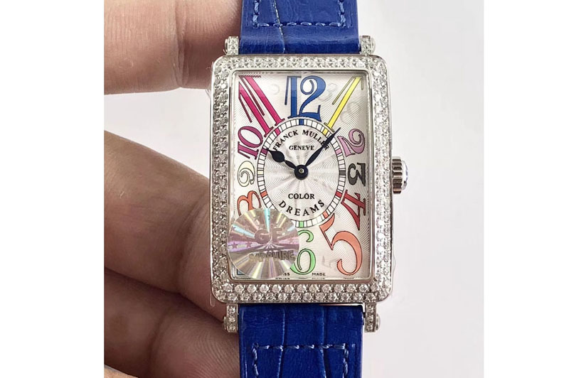 Franck Muller Long Island 952QZ SS GF 1:1 Best Edition White color numeral markers Crystal Bezel on Blue Leather Strap Swiss Qua
