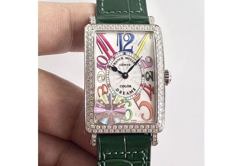 Franck Muller Long Island 952QZ SS GF 1:1 Best Edition White color numeral markers Crystal Bezel on Green Leather Strap Swiss Qu