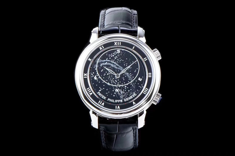 Patek Philippe 6104P Moon SS Black Dial on Black Leather Strap A240 V2
