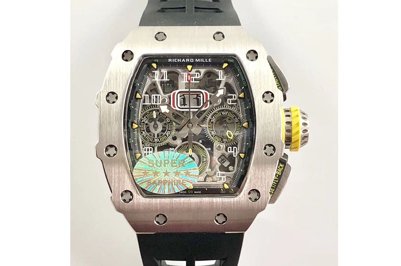 Richard Mille RM11-03 SS KVF 1:1 Best Edition Crystal Skeleton Dial on Black Racing Rubber Strap A7750