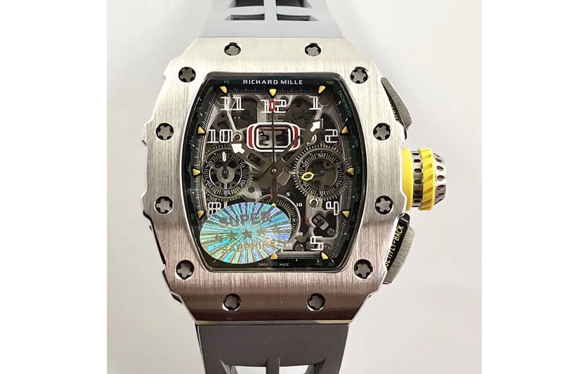 Richard Mille RM11-03 SS KVF 1:1 Best Edition Crystal Skeleton Dial on Gray Racing Rubber Strap A7750