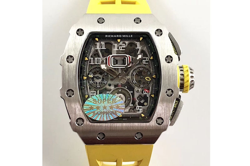 Richard Mille RM11-03 SS KVF 1:1 Best Edition Crystal Skeleton Dial on Yellow Racing Rubber Strap A7750