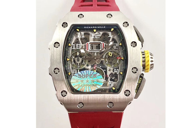 Richard Mille RM11-03 SS KVF 1:1 Best Edition Crystal Skeleton Dial on Red Racing Rubber Strap A7750