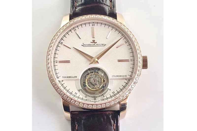 Jaeger-LeCoultre Master Ultra Thin Tourbillon R8 Factory RG Diamond Bezel Whtie Dial on Brown Leather Strap Cal.982