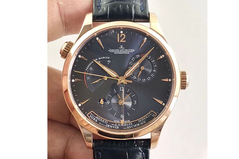Jaeger-LeCoultre Master Geographic Real PR RG TW 1:1 Best Edition Blue Dial on Black Leather Strap A939