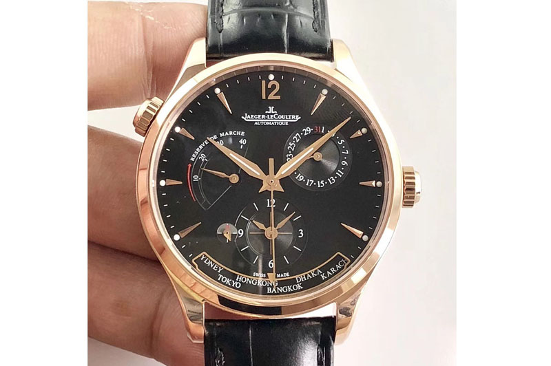 Jaeger-LeCoultre Master Geographic Real PR RG TW 1:1 Best Edition Black Dial on Black Leather Strap A939
