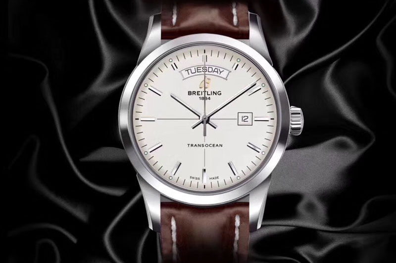 Breitling Transocean Day & Date SS V7F 1:1 Best Edition Silver Dial on Brown Leather Strap A2836