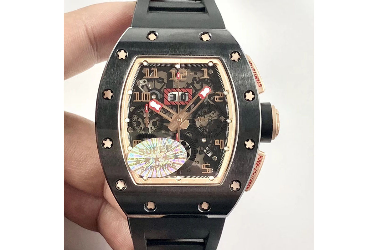Richard Mille RM011 Real Ceramic Case Chronograph KVF 1:1 Best Edition Crystal Skeleton Dial Gold Markers on Black Rubber Strap