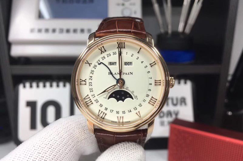 Blancpain Villeret 6654 RG Complicated Function OMF 1:1 Best Edition White Dial on Brown Leather Strap A6654 V2