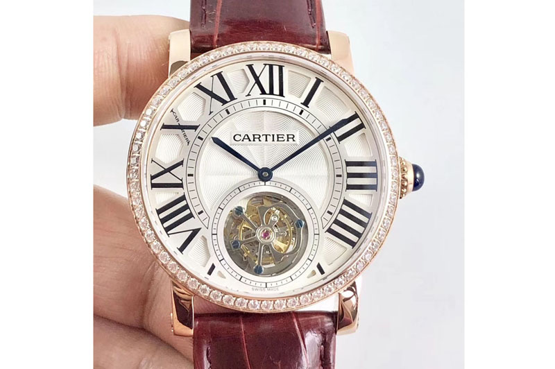 Cartier Rotonde Flying Tourbillon RG BLF Best Edition White Dial Diamonds Bezel on Brown Leather Strap V2