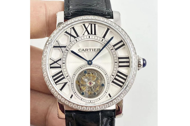 Cartier Rotonde Flying Tourbillon SS BLF Best Edition White Dial Diamonds Bezel on Black Leather Strap V2