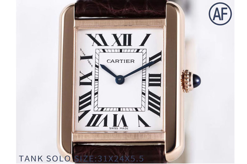 Cartier Tank Solo Ladies 25mm RG AF 1:1 Best Edition White Dial on Brown Leather Strap Ronda Quartz