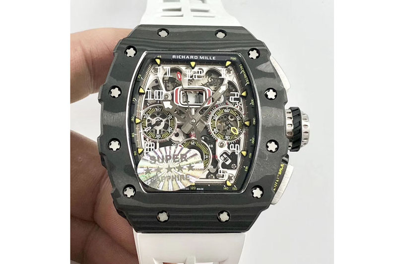 Richard Mille RM011 Carbon Case Chrono KVF 1:1 Best Edition Crystal Skeleton Yellow Dial on White Rubber Strap A7750