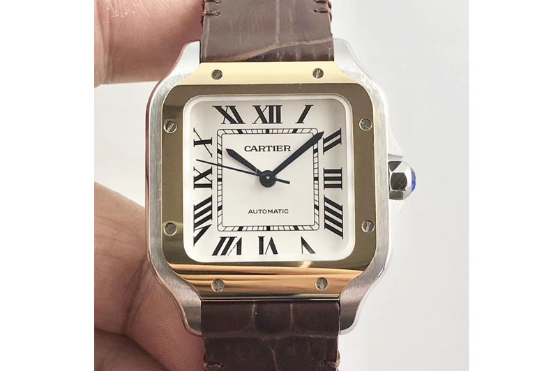 Santos de Cartier 35mm 2018 SS/RG V6F 1:1 Best Edition White Dial on Brown Leather Strap MIYOTA 9015