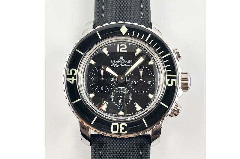 Blancpain Fifty Fathoms SS Black OMF 1:1 Best Edition Black Dial on Sail-canvas Strap A7750 (Free Extra Strap And Tool)