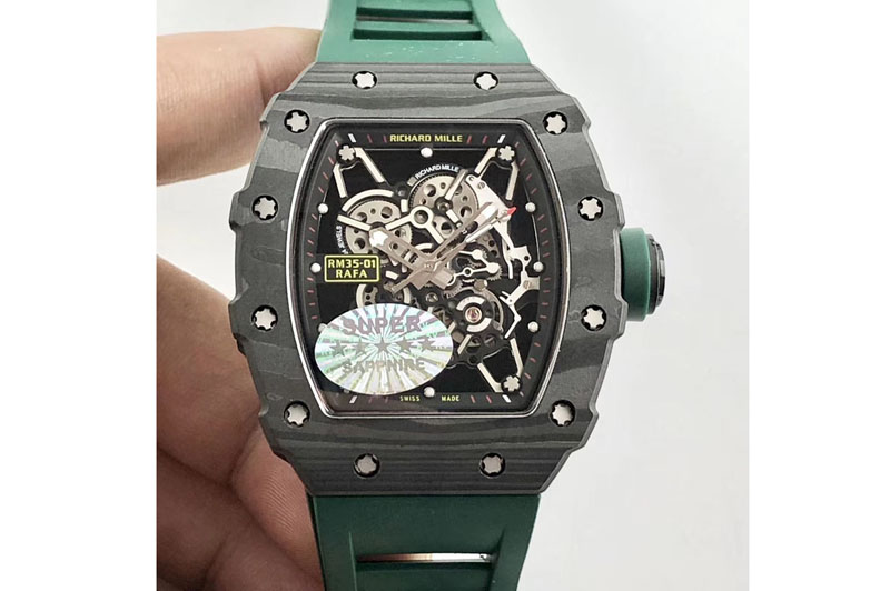 Richard Mille RM035-01 Forged Carbon Case KVF Best Edition Skeleton Dial Green Crown on Green Rubber Strap MIYOTA8215