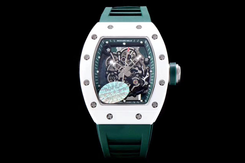 Richard Mille RM055 Real White Ceramic KVF Best Edition Skeleton Dial Green Inner and Crown on Green Rubber Strap MIYOTA8215